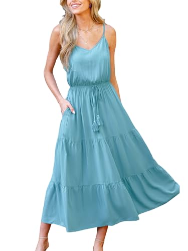 Women's Summer Dresses Casual V Neck Elastic Waist Maxi Tiered Dress with Pockets