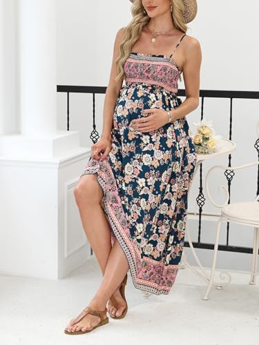 Maternity Maxi Dresses Floral Square Neck Smocked Baby Shower Ruffled Flowy Fashion Casual Summer Pregnancy Dress