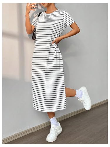 Women's Striped T Shirt Dress Crewneck Short Sleeve Split Hem Summer Midi Dresses