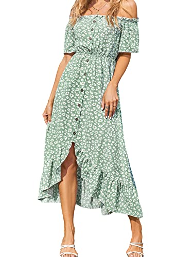 Dress for Women Maxi Dresses Off Shoulder Ditsy Floral Print Short Sleeve Frill A Line Dress