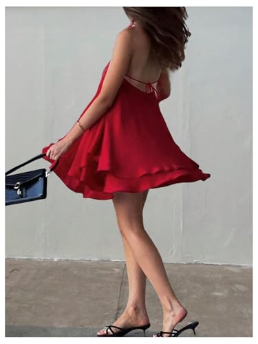 Women's Summer Halter Dress 3D Floral Ruffle Swing Flowy Beach Mini Dresses