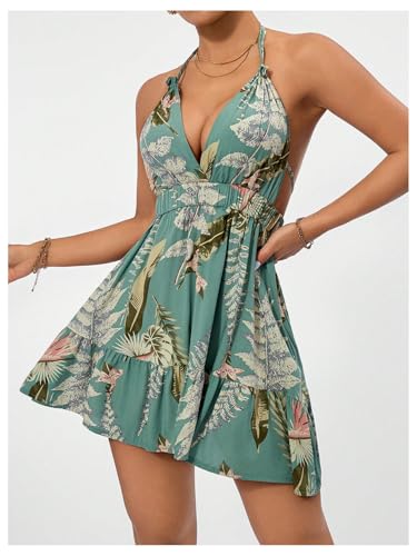 Women's Deep V Neck Ruffle Halter Dress Sleeveless A Line Boho Summer Dresses