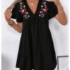 Women's Summer Dress Floral Embroidery V Neck Short Sleeve Ruffle Hem Babydoll Flowy Loose Mini Dresses