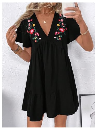 Women's Summer Dress Floral Embroidery V Neck Short Sleeve Ruffle Hem Babydoll Flowy Loose Mini Dresses