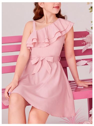 Girl's Sleeveless Ruffle Dresses High Waisted A Line Summer Dress with Belt