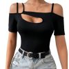 Women's Cut Out Top Cold Shoulder Short Sleeve Fitted Solid T Shirts