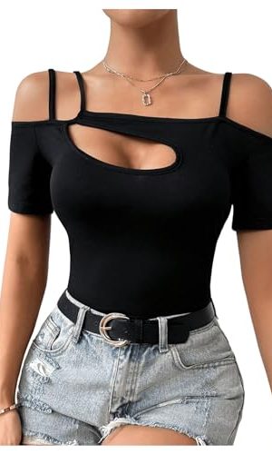 Women's Cut Out Top Cold Shoulder Short Sleeve Fitted Solid T Shirts