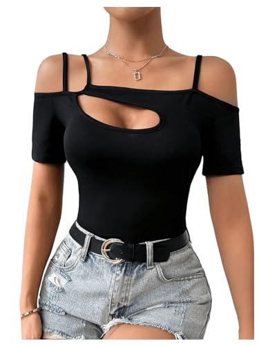 Women's Cut Out Top Cold Shoulder Short Sleeve Fitted Solid T Shirts