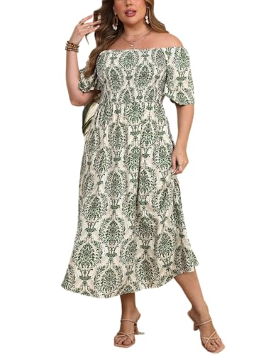Women's Plus Size Casual Summer Midi Dress Square Neck Short Sleeves Smocked Waist with Pockets