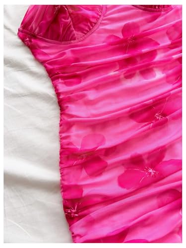 Women's Summer Floral Corset Dress Spaghetti Strap Ruched Mesh Bodycon Vacation Mini Dresses