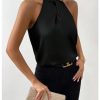 Womens Elegant Twist Front Halter Sleeveless Satin Blouse Keyhole Back Tank Top
