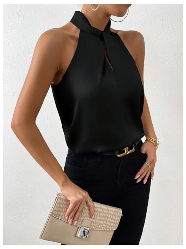 Womens Elegant Twist Front Halter Sleeveless Satin Blouse Keyhole Back Tank Top