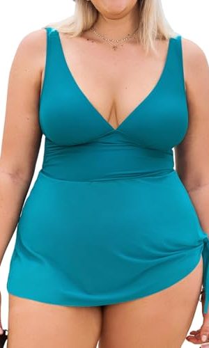 Women Tankini Sets Plus Size Two Piece Swimsuit High Waisted V Neck Mesh Ruched Self Tie Swim Dress
