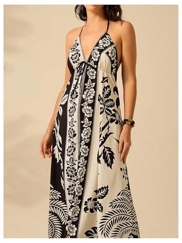 Women's Boho Floral Print Maxi Dress Halter Backless Flowy Long Vacation Beach Summer Dresses