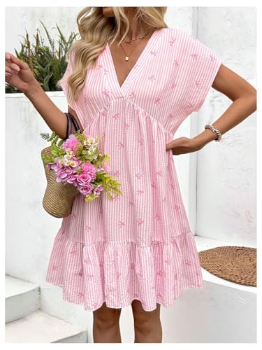 Women's Summer V Neck Short Smocked Dress Striped Bow Print Ruffle Flowy Vacation Dresses