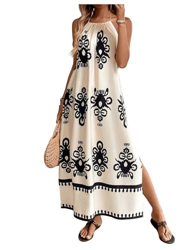 Women's Backless Halter Cami Dress Boho Print Sleeveless Split Hem Long Summer Dresses