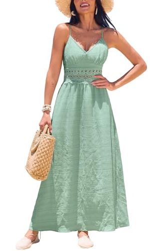 Women Backless Maxi Beach Summer Dress V Neck Lace Cutout Back Tie Spaghetti Strap Casual Wedding Guest Dresses