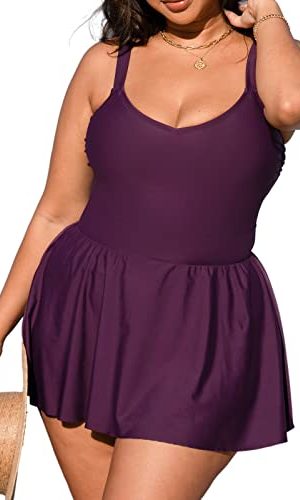 Plus Size Swimsuit for Women One Piece Bathing Suit Scoop Neck Ruffled Swim Dress Adjustable Straps