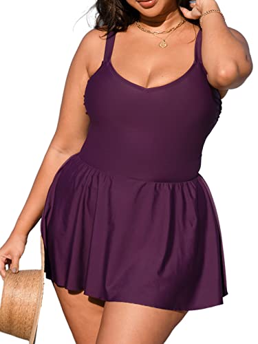 Plus Size Swimsuit for Women One Piece Bathing Suit Scoop Neck Ruffled Swim Dress Adjustable Straps