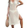 Women's Crochet Swim Suit Coverup Cap Sleeve Knit Loose Beach Cover Ups Side Split Midi Dress