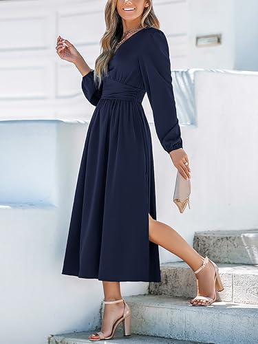 Fall Dresses for Women V Neck Long Sleeve Tunic Waist Slit Solid Color A Line Midi Casual Dress