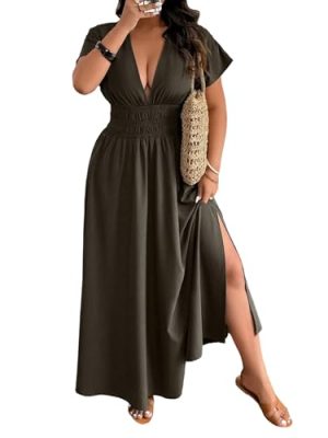 Women's Plus Size Deep V Neck Maxi Dress Short Sleeve Split Hem Flowy Summer Dresses