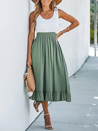 Women's Summer Midi Dresses Sleeveless Tank Smocked Beach Vacation Hawaiian 2025 Flowy Sundress