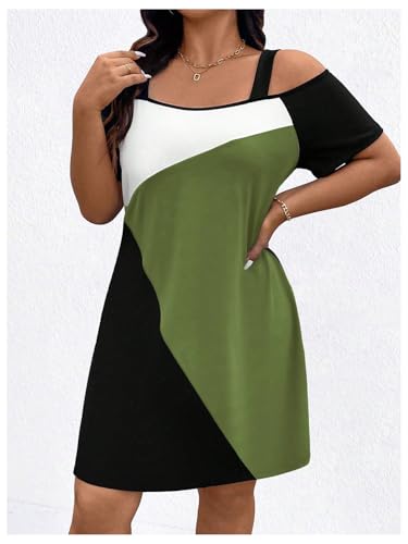 Women's Plus Size Dress Cold Shoulder Color Block Short Sleeve T Shirt Dress Casual Summer Dresses