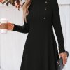 Women's Mini Dresses Round Neck Long Sleeve Textured Button Knit A Line Short Casual Fall Dresses