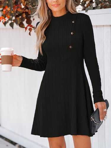 Women's Mini Dresses Round Neck Long Sleeve Textured Button Knit A Line Short Casual Fall Dresses