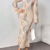 Women's Tie Dye Bodycon Dress Pleated Bell Sleeves Fishtail Party Long Dresses