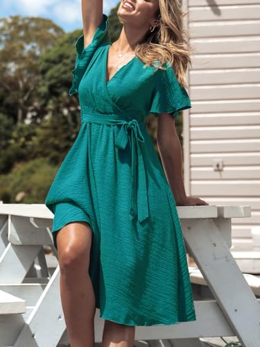 Women's Dresses for Summer V Neck Solid Belt Short Sleeve Knee Length Beach Dress