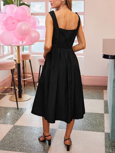 Women's Summer Sleeveless Midi Dress Square Neck Smocked Casual A Line Beach Sundress