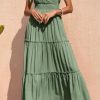 Women's Cross Neck Summer Sleeveless Tiered Maxi Dress Beach Tie Strap Smocked Long Dresses Pleated Sundress