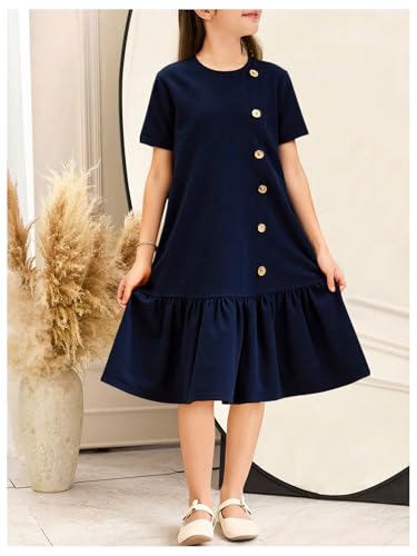 Girl's Ruffle A Line Midi Dress Button Crew Neck Short Sleeve Dresses
