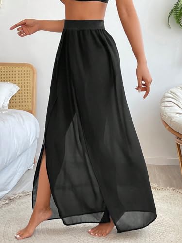 Women's High Waist Split Thigh Cover Up Skirt Sheer Beach Long Skirt Swimwear