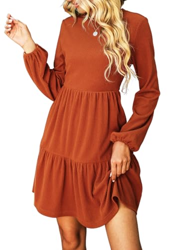 Women's Mini Fall Dresses Knit Casual Long Sleeve Crew Neck Flowy Tiered Ruffled Short Sweater Dress