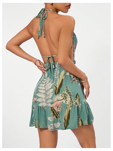 Women's Deep V Neck Ruffle Halter Dress Sleeveless A Line Boho Summer Dresses