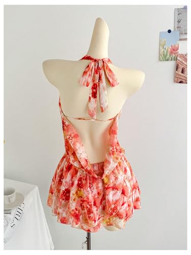 Women's Summer Floral Halter Deep Dowl Neck Dress Ruffle Beach Vacation Flowy Mini Sundresses