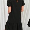 Women's Short Puff Sleeve Ruffle Hem Mini Dress Casual Round Neck Solid Smock Dress