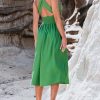 Women's Midi Dress Plunging V Neck Belted Sleeveless Pleated A Line Beach Long Summer Dress