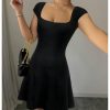Women's Summer Dress Square Neck Cap Sleeve A Line Flared Short Dresses