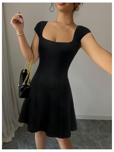 Women's Summer Dress Square Neck Cap Sleeve A Line Flared Short Dresses