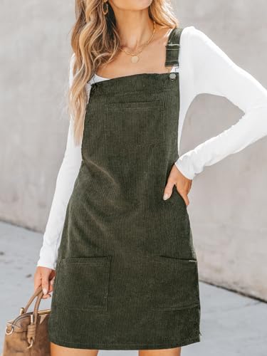Women Corduroy Fall Dresses Front Bib Pocket Square Neck Wide Strap Casual Overall Mini Dress