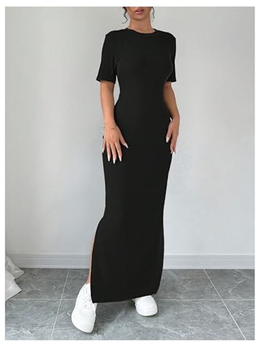 Women's Summer Dress Crew Neck Short Sleeve Split Casual Bodycon Long Dresses