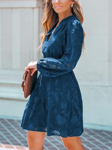 Women Ruffle Lace Mini Fall Dresses Semi Formal Wedding Guest Dress V Neck Long Puff Sleeve Elastic Waist Tie