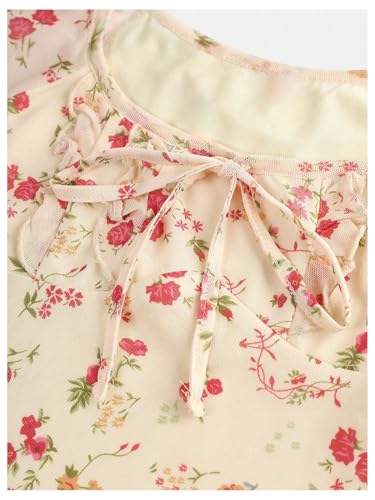Girl's Floral Print Mesh Summer Dresses Tie Front Ruffle Sleeve A Line Short Dress