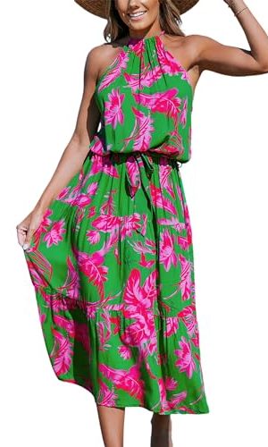 Women's Midi Dress Halter Floral Sleeveless Belted Ruffled A Line Casual Summer Dress