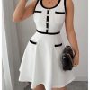 Women's Summer Sleeveless Knitted Mini Dress Button Color Block Party Short Dresses