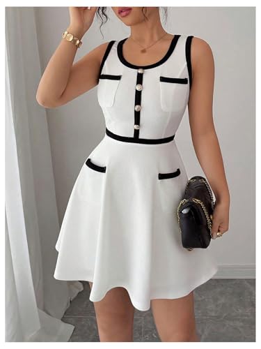 Women's Summer Sleeveless Knitted Mini Dress Button Color Block Party Short Dresses